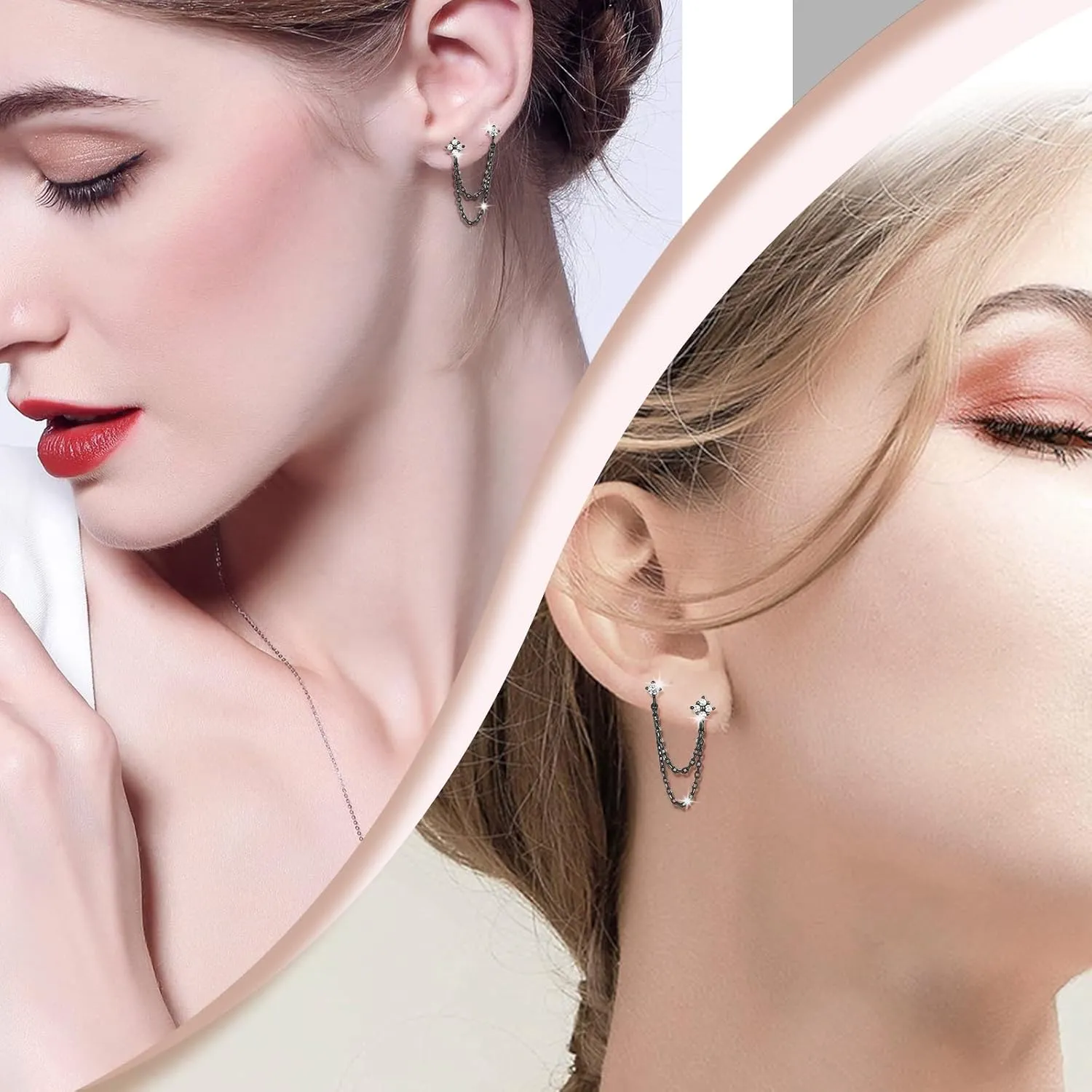 925 Sterling Silver Four Zircons Flower Stud Earrings For Women | Double Studs Chain Tassel Piercing Earring | Gold Plated Double Piercing Dangle Chain Earrings Jewelry Gifts for Women Girls