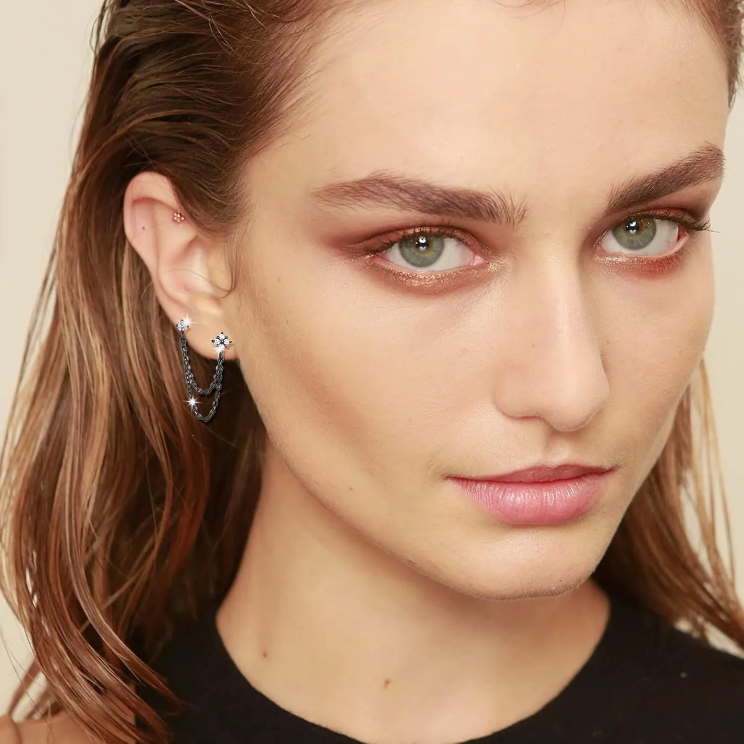 925 Sterling Silver Four Zircons Flower Stud Earrings For Women | Double Studs Chain Tassel Piercing Earring | Gold Plated Double Piercing Dangle Chain Earrings Jewelry Gifts for Women Girls
