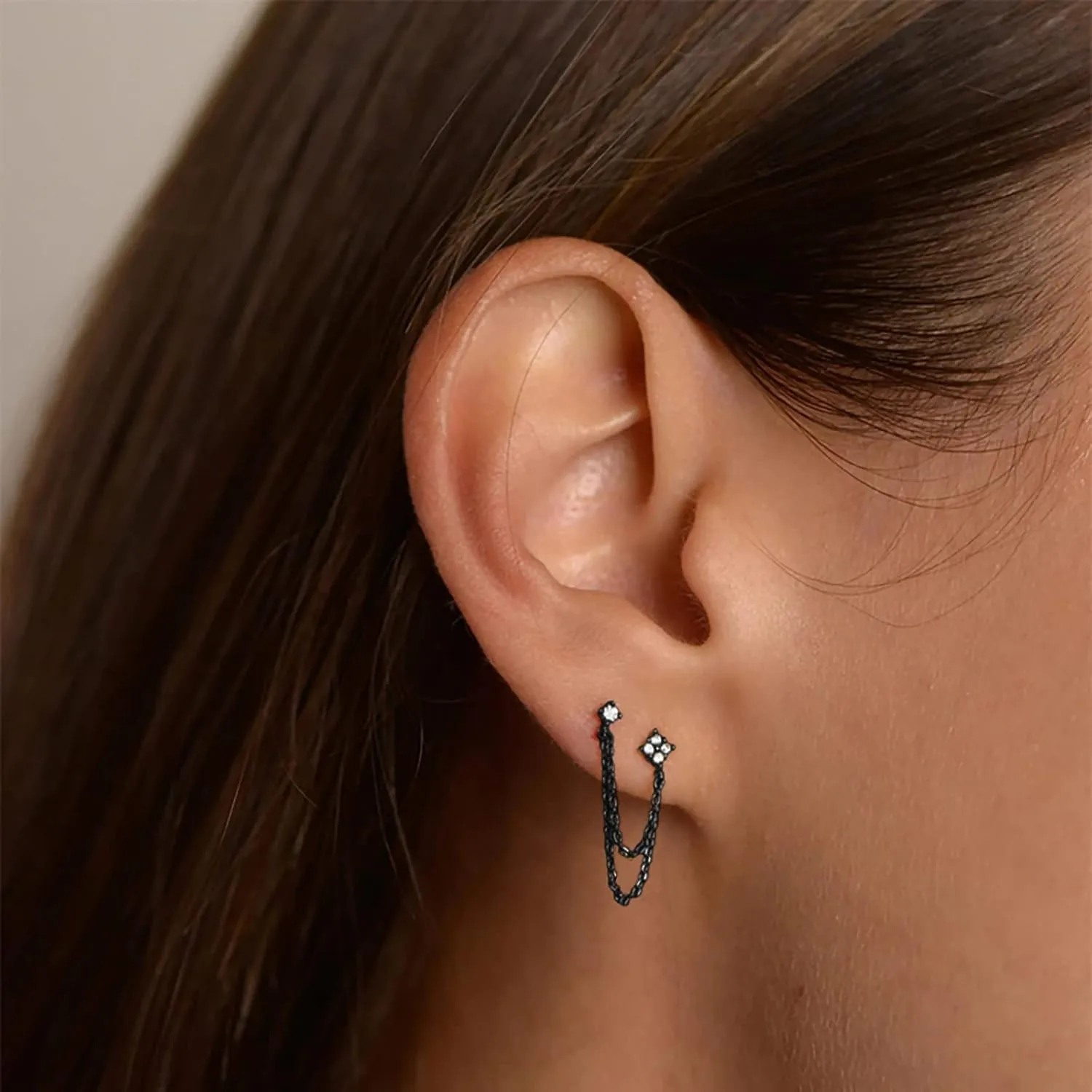 925 Sterling Silver Four Zircons Flower Stud Earrings For Women | Double Studs Chain Tassel Piercing Earring | Gold Plated Double Piercing Dangle Chain Earrings Jewelry Gifts for Women Girls