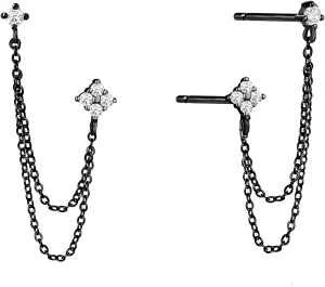 925 Sterling Silver Four Zircons Flower Stud Earrings For Women | Double Studs Chain Tassel Piercing Earring | Gold Plated Double Piercing Dangle Chain Earrings Jewelry Gifts for Women Girls