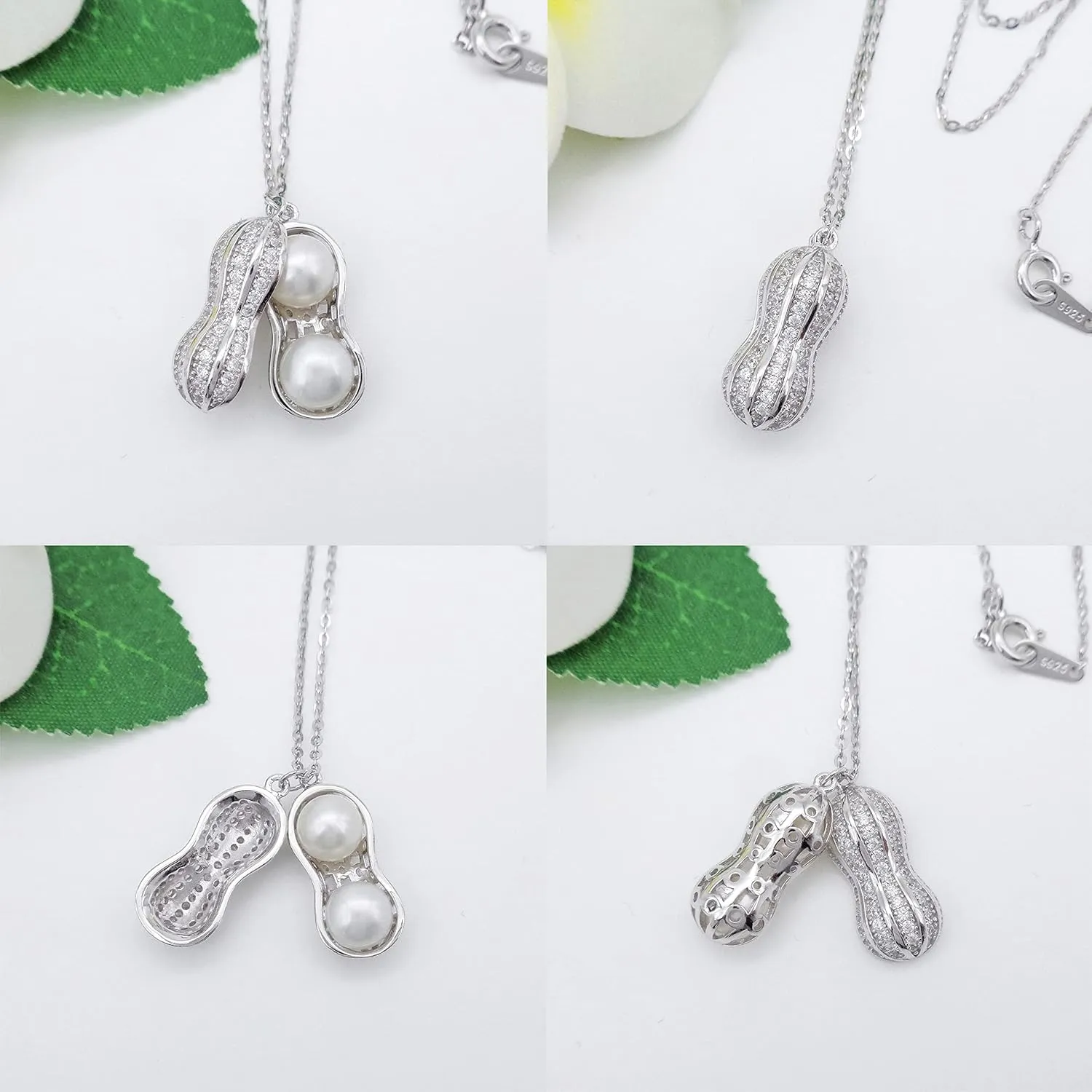 925 Sterling Silver Peanut Pearl Pendant Necklace Fashion Zirconia & White Gold Plated Jewelry Gifts for Women, 16"_WK99055