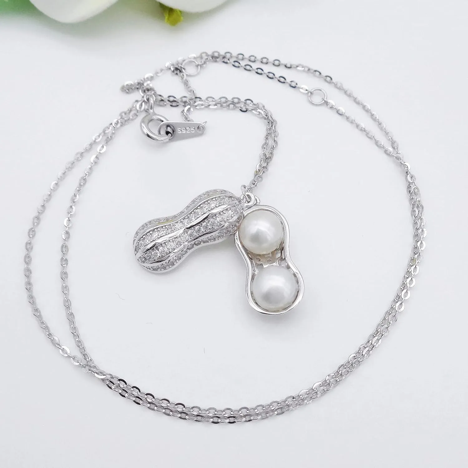 925 Sterling Silver Peanut Pearl Pendant Necklace Fashion Zirconia & White Gold Plated Jewelry Gifts for Women, 16"_WK99055