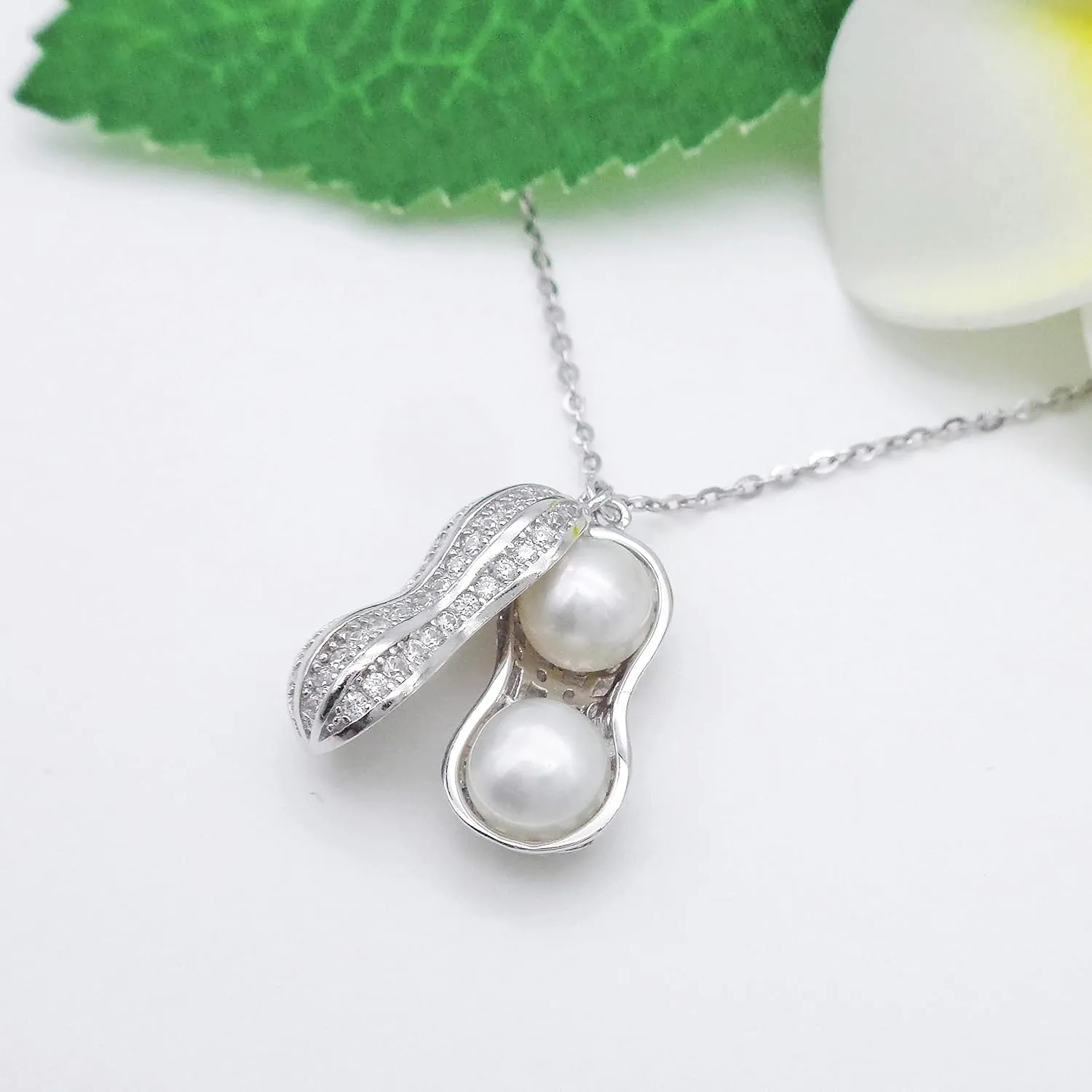 925 Sterling Silver Peanut Pearl Pendant Necklace Fashion Zirconia & White Gold Plated Jewelry Gifts for Women, 16"_WK99055