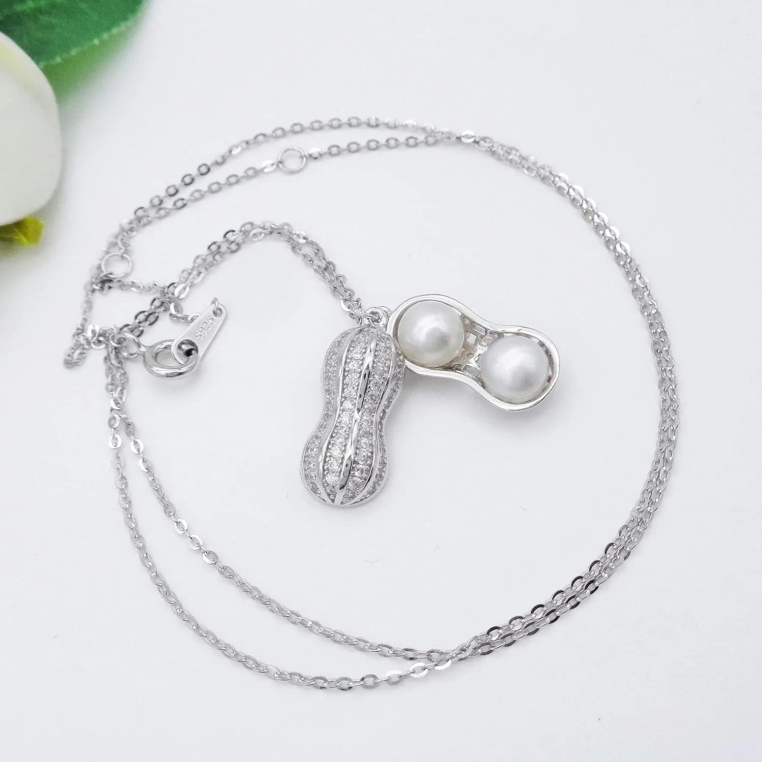 925 Sterling Silver Peanut Pearl Pendant Necklace Fashion Zirconia & White Gold Plated Jewelry Gifts for Women, 16"_WK99055