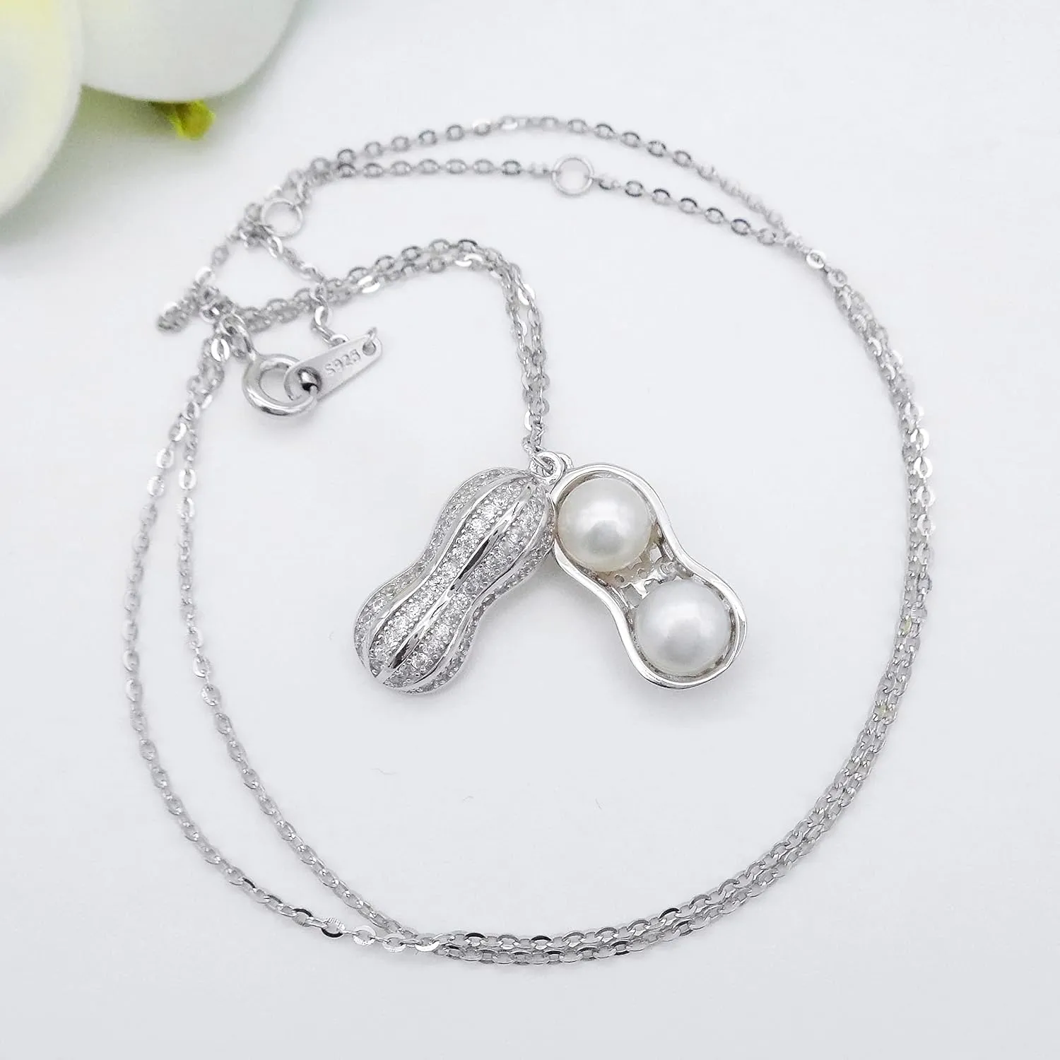 925 Sterling Silver Peanut Pearl Pendant Necklace Fashion Zirconia & White Gold Plated Jewelry Gifts for Women, 16"_WK99055