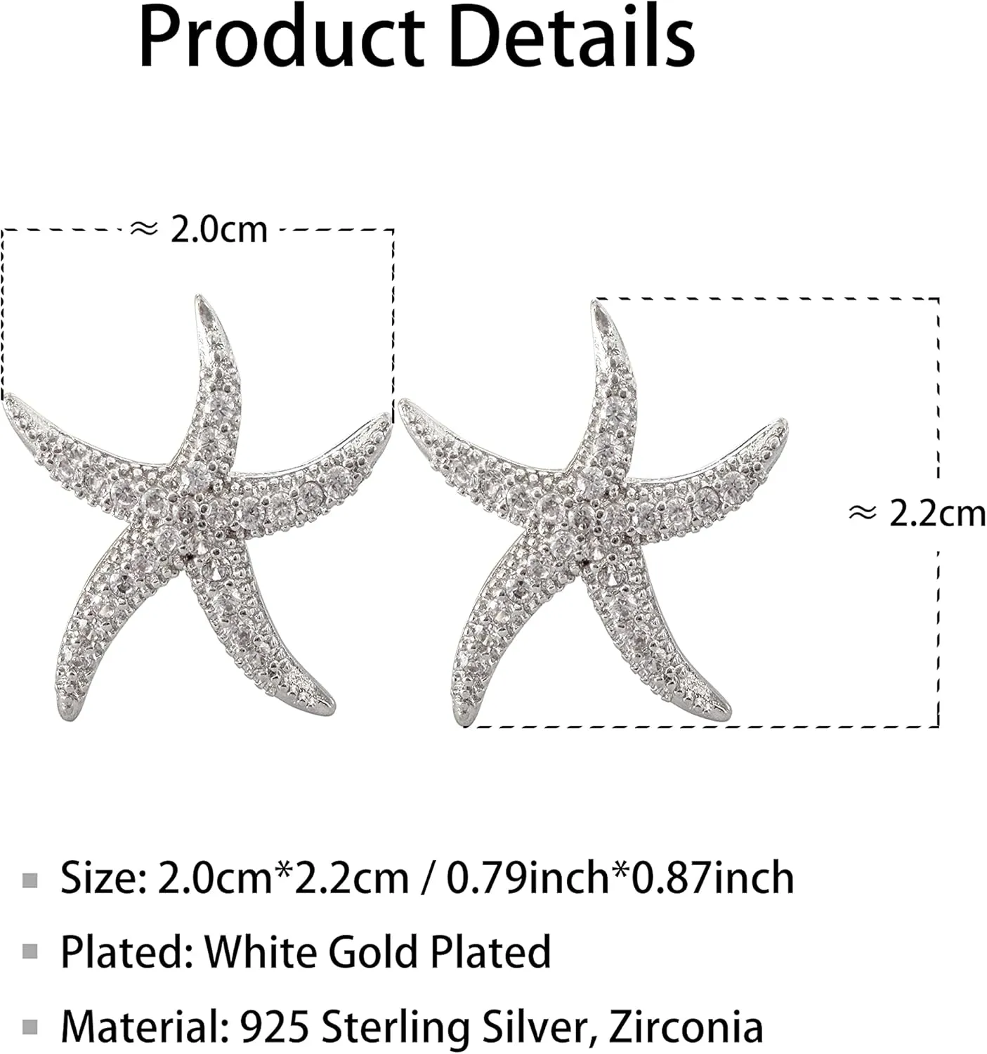 925 Sterling Silver Post Cute Starfish Star shaped Zirconia Earrings Ear Stud White Gold Plated Jewelry Gifts WK90047