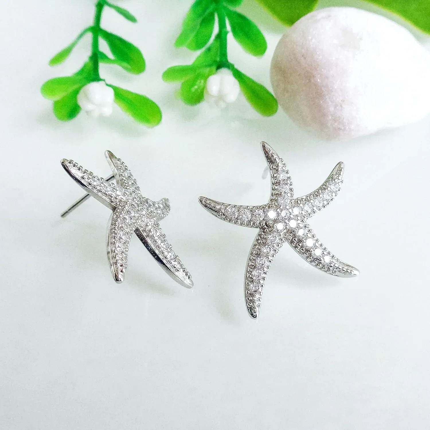 925 Sterling Silver Post Cute Starfish Star shaped Zirconia Earrings Ear Stud White Gold Plated Jewelry Gifts WK90047