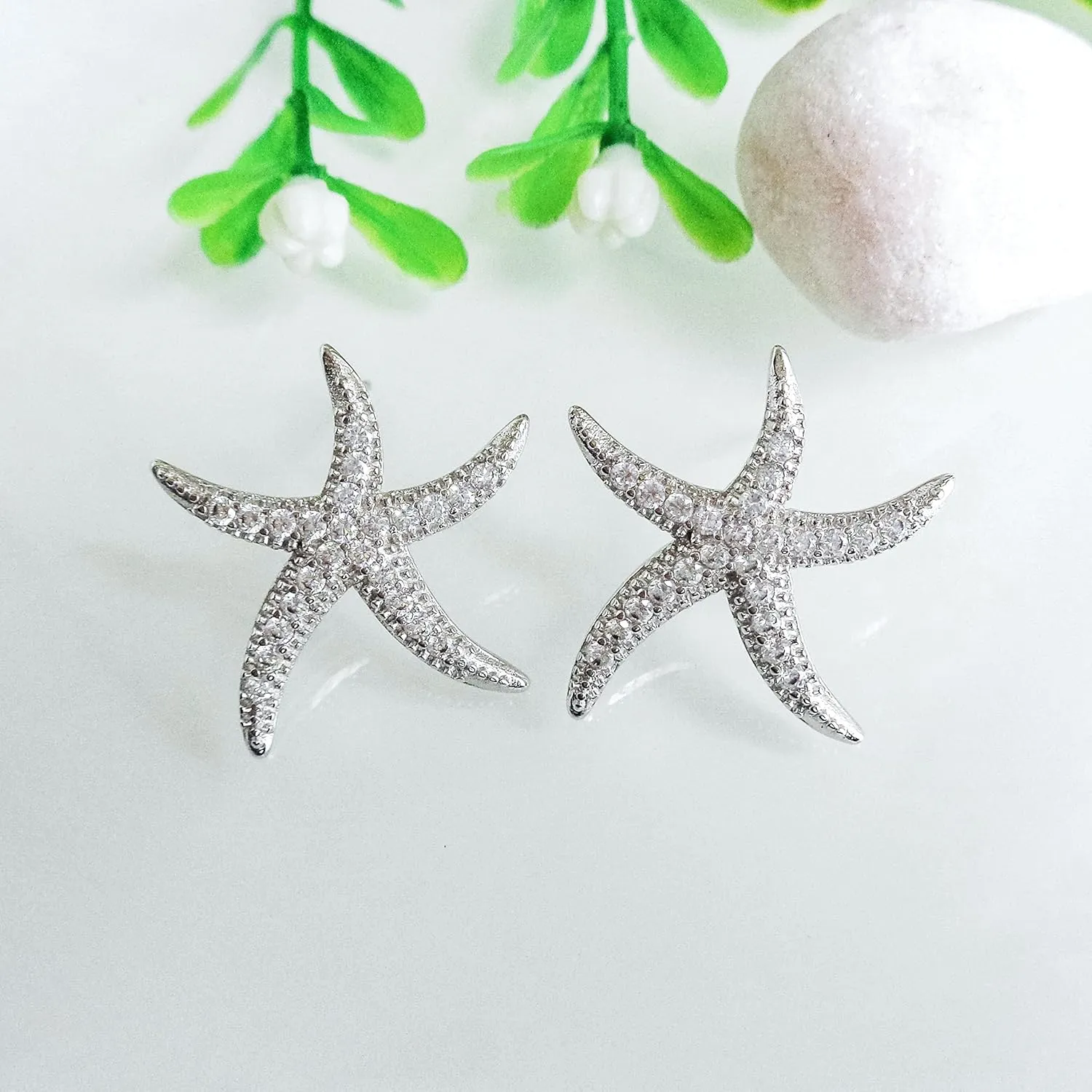 925 Sterling Silver Post Cute Starfish Star shaped Zirconia Earrings Ear Stud White Gold Plated Jewelry Gifts WK90047