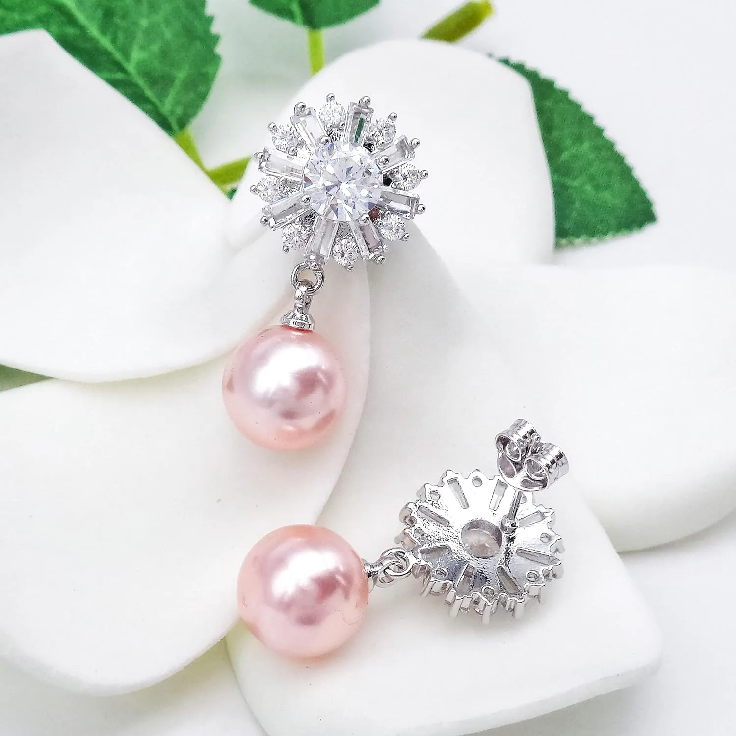 925 Sterling Silver Post Snowflake Zirconia Pearl Dangle Drop Earrings Ear Stud White Gold Plated Fashion Women Jewelry Gift, WK90052