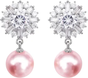 925 Sterling Silver Post Snowflake Zirconia Pearl Dangle Drop Earrings Ear Stud White Gold Plated Fashion Women Jewelry Gift, WK90052
