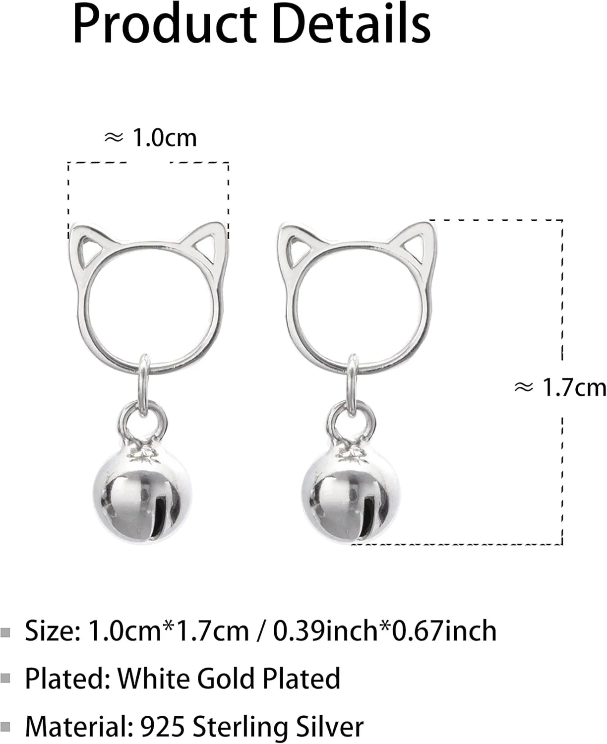 925 Sterling Silver White Gold Plated Fashion Cat Head Bell Ear Stud Earrings