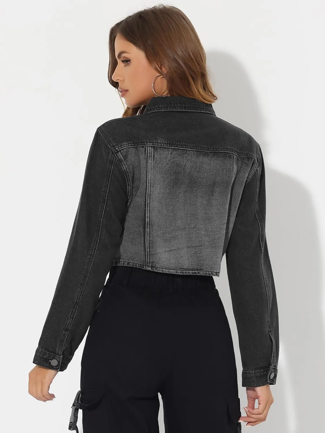 Allegra K Casual Denim Jacket for Women's Zip Up Washed Jean Asymmetry Cropped Jackets