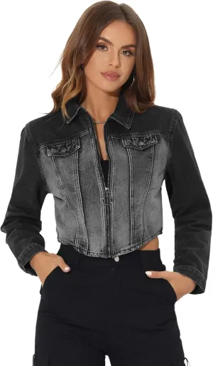 Allegra K Casual Denim Jacket for Women's Zip Up Washed Jean Asymmetry Cropped Jackets