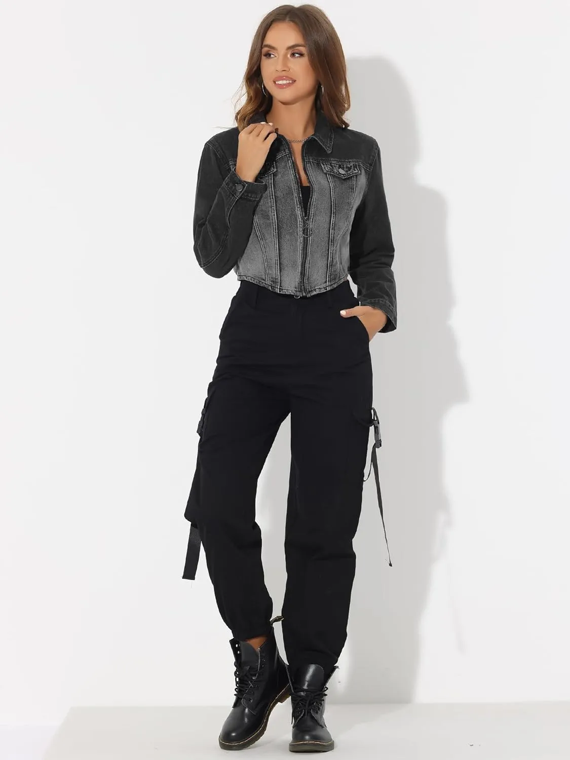 Allegra K Casual Denim Jacket for Women's Zip Up Washed Jean Asymmetry Cropped Jackets