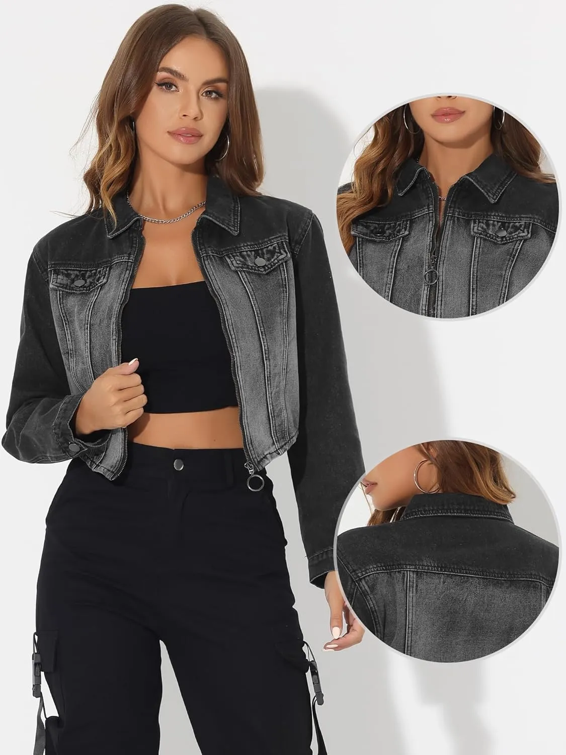 Allegra K Casual Denim Jacket for Women's Zip Up Washed Jean Asymmetry Cropped Jackets