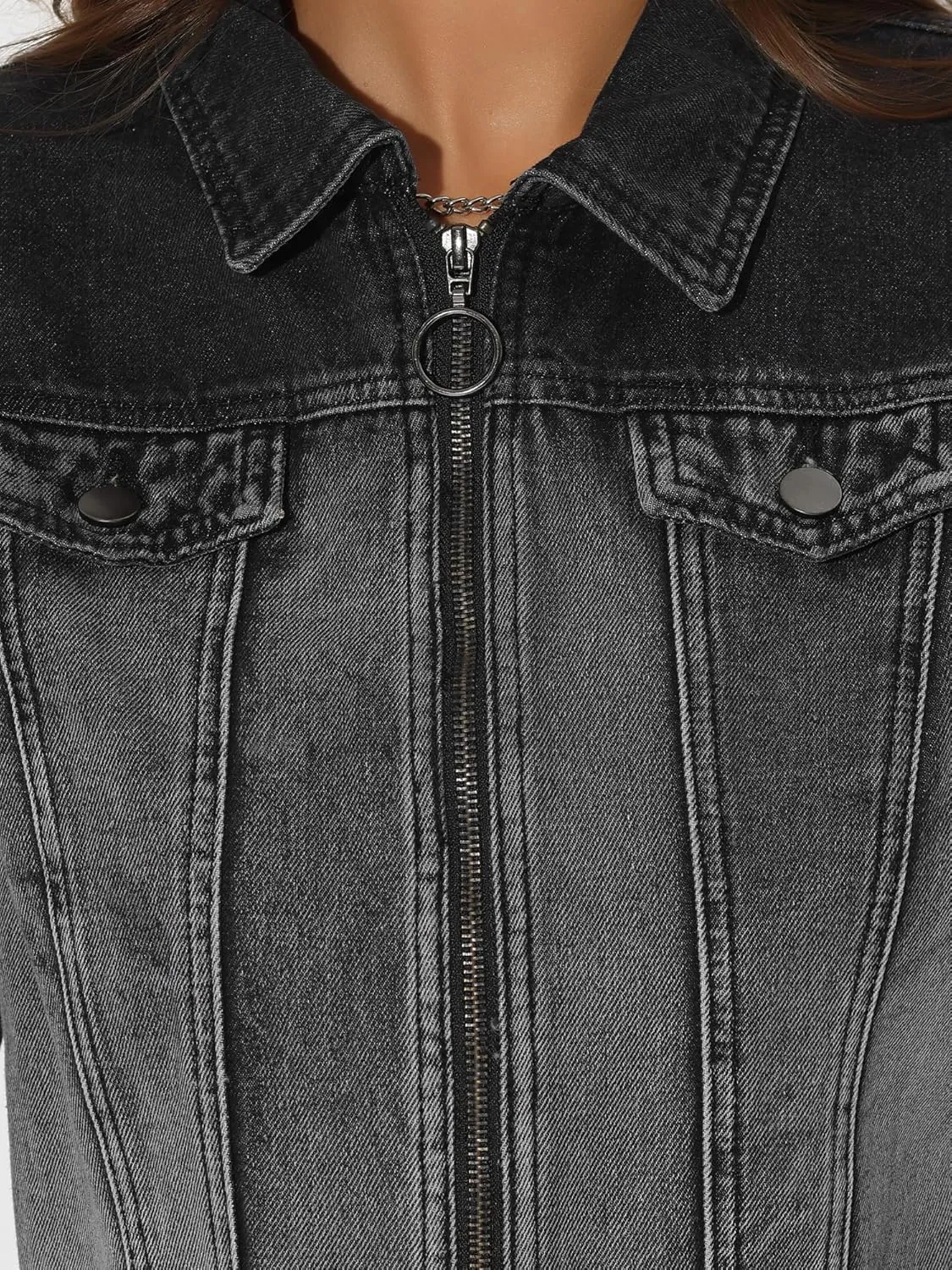 Allegra K Casual Denim Jacket for Women's Zip Up Washed Jean Asymmetry Cropped Jackets