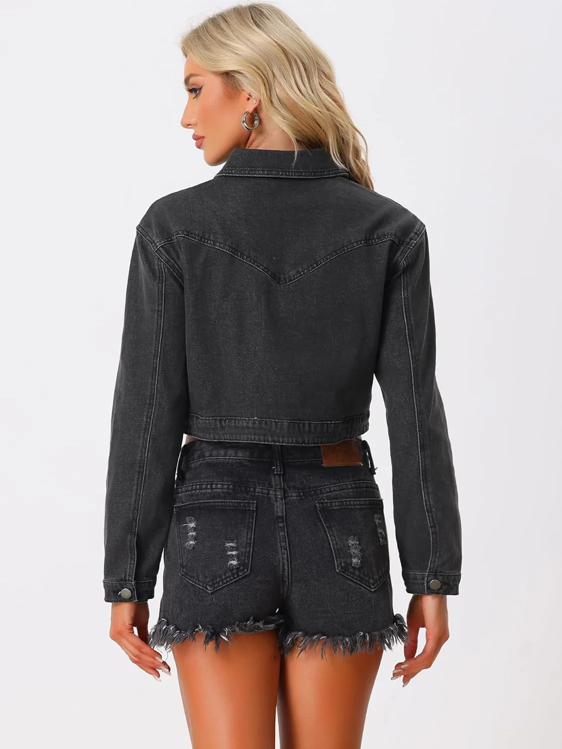 Allegra K Denim Fringe Jacket for Women's Party Sparkle Button Down Tassel Crop Jean Jackets