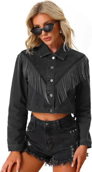 Allegra K Denim Fringe Jacket for Women's Party Sparkle Button Down Tassel Crop Jean Jackets