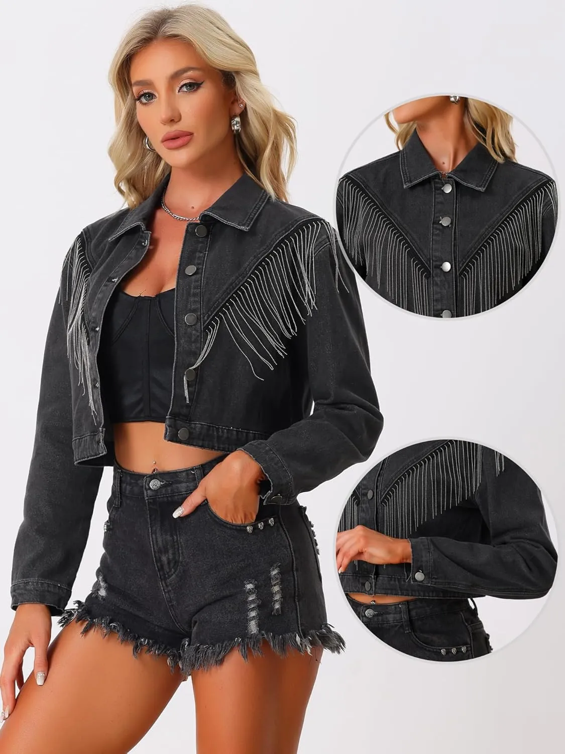 Allegra K Denim Fringe Jacket for Women's Party Sparkle Button Down Tassel Crop Jean Jackets