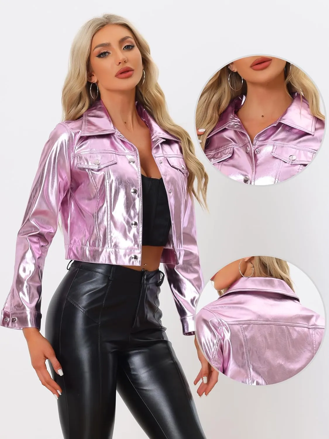 Allegra K Metallic Jacket for Women's Moto Biker Jacket Holographic Shiny Crop Party Jackets