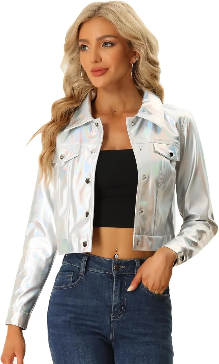 Allegra K Metallic Jacket for Women's Moto Biker Jacket Holographic Shiny Crop Party Jackets