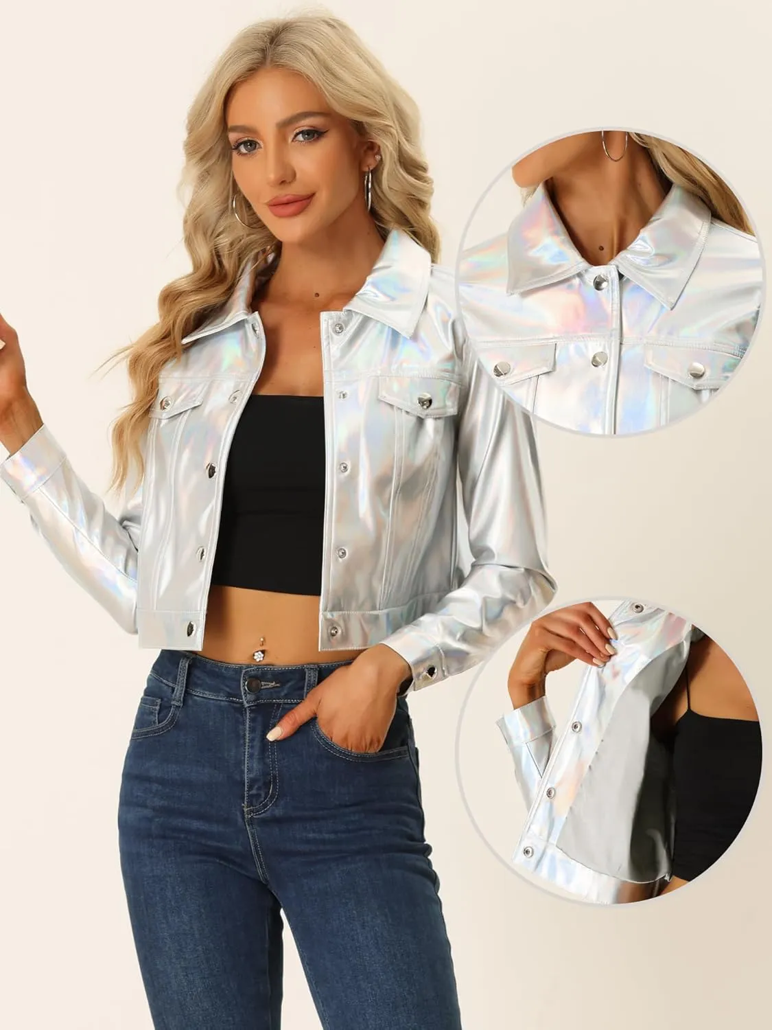 Allegra K Metallic Jacket for Women's Moto Biker Jacket Holographic Shiny Crop Party Jackets