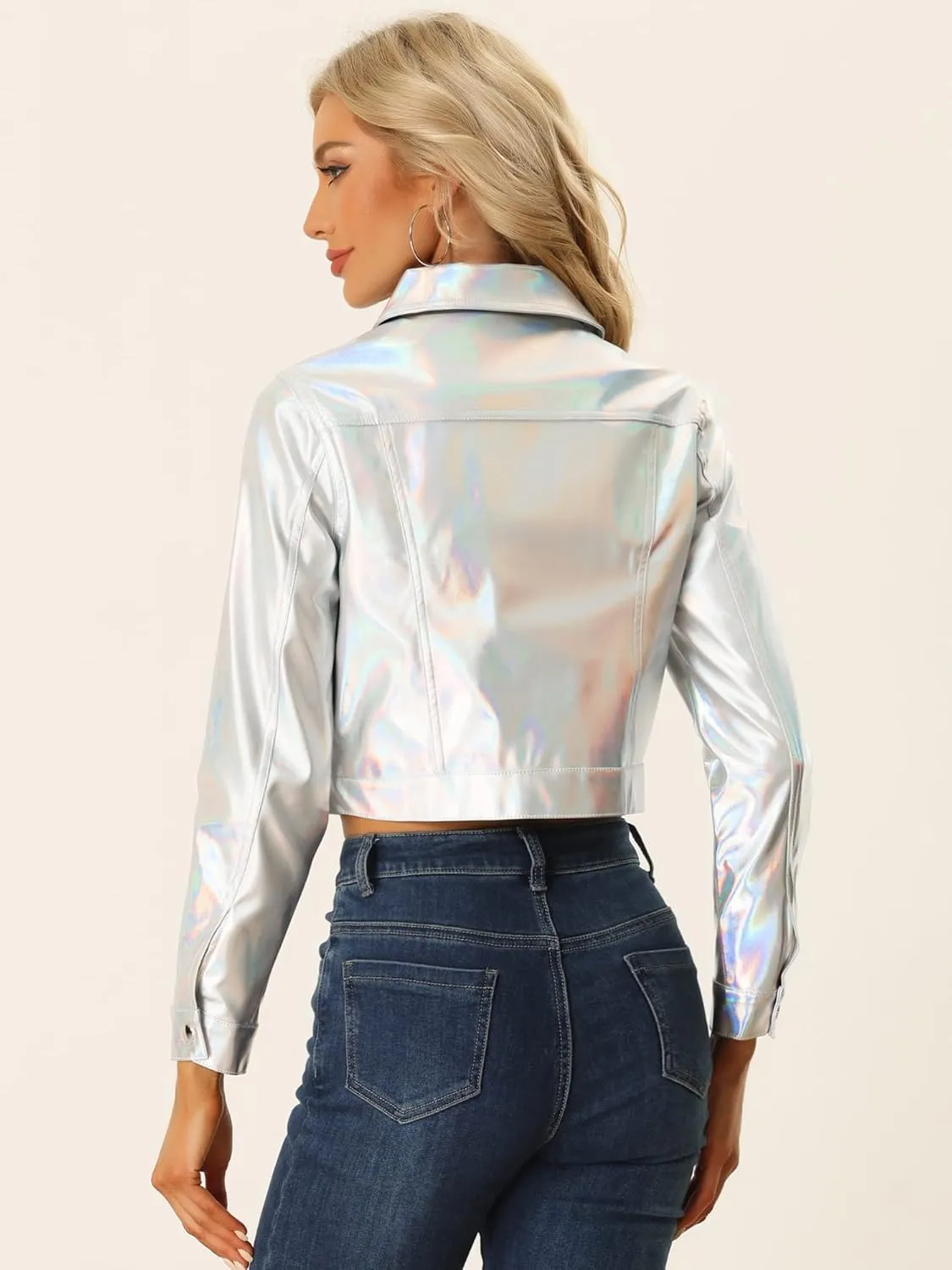 Allegra K Metallic Jacket for Women's Moto Biker Jacket Holographic Shiny Crop Party Jackets