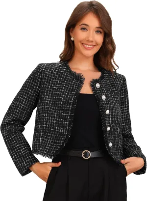 Allegra K Plaid Tweed Jacket for Women's Crew Neck Cropped Button Up Elegant Work Jackets