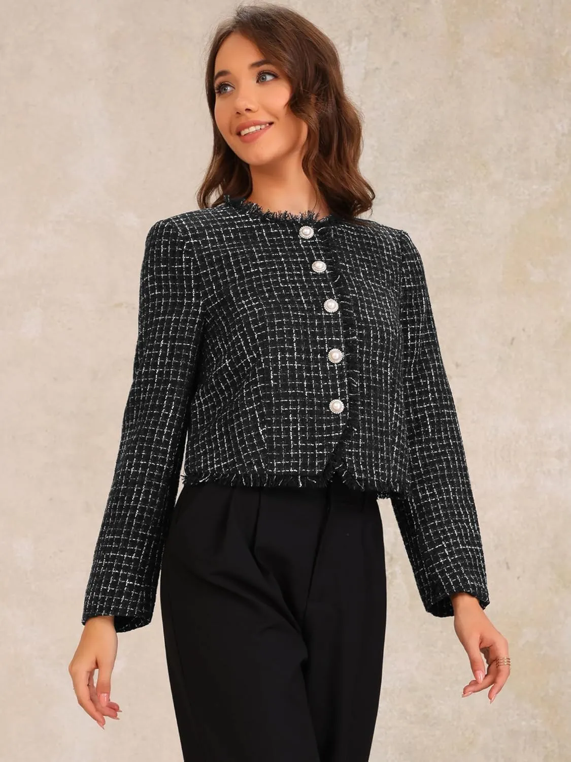 Allegra K Plaid Tweed Jacket for Women's Crew Neck Cropped Button Up Elegant Work Jackets