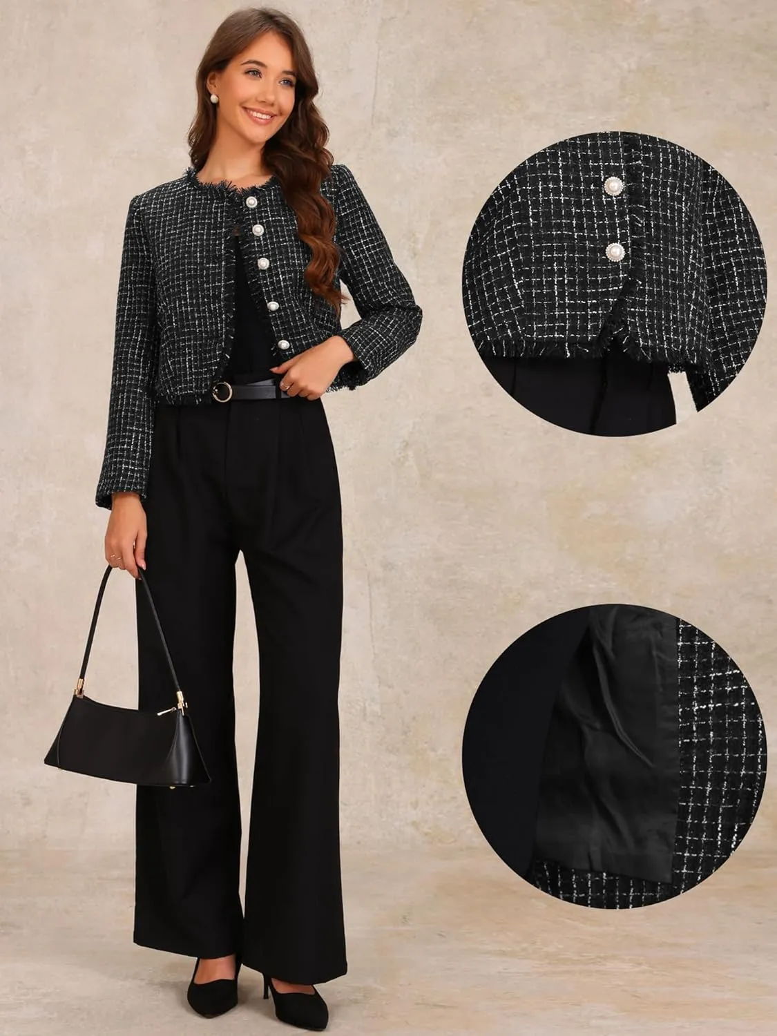 Allegra K Plaid Tweed Jacket for Women's Crew Neck Cropped Button Up Elegant Work Jackets