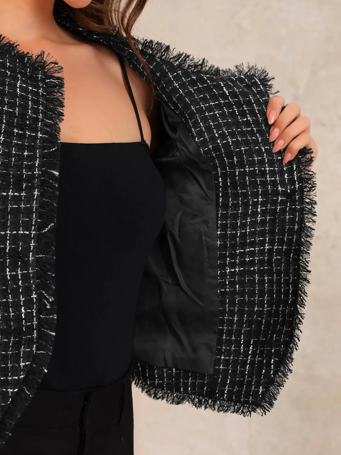 Allegra K Plaid Tweed Jacket for Women's Crew Neck Cropped Button Up Elegant Work Jackets