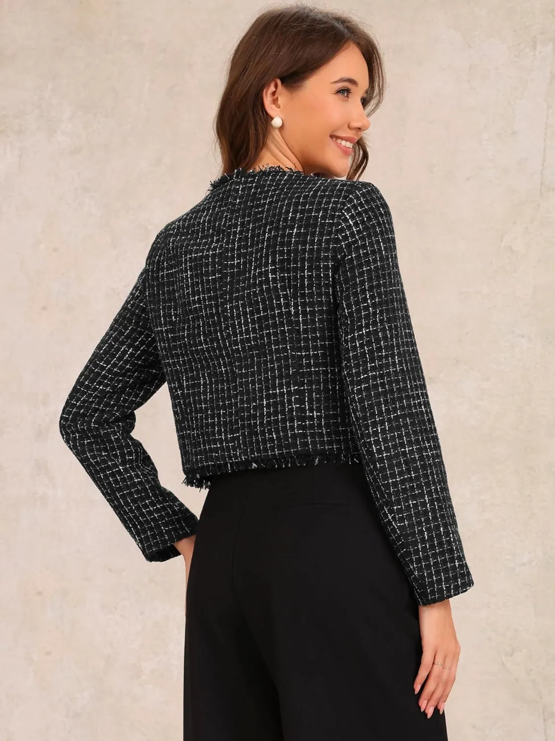 Allegra K Plaid Tweed Jacket for Women's Crew Neck Cropped Button Up Elegant Work Jackets