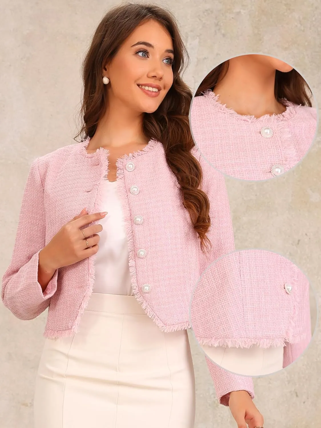 Allegra K Plaid Tweed Jacket for Women's Crew Neck Cropped Button Up Elegant Work Jackets