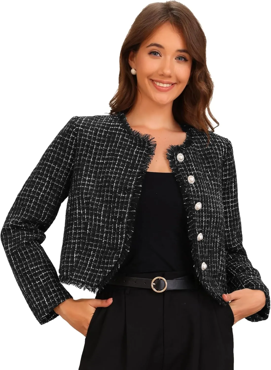 Allegra K Plaid Tweed Jacket for Women's Crew Neck Cropped Button Up Elegant Work Jackets