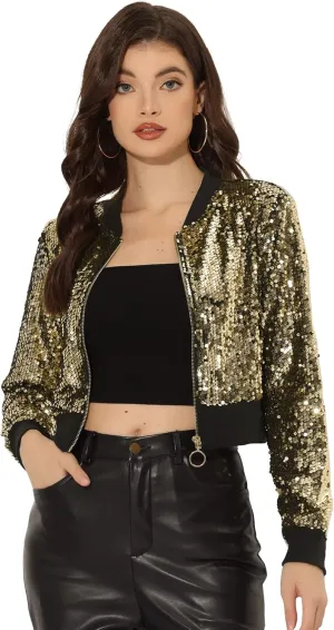 Allegra K Women Sequin Jackets 2025 Party Club Sparkly Cropped Bomber Jacket Disco Outfit