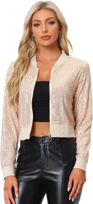 Allegra K Women Sequin Jackets 2025 Party Club Sparkly Cropped Bomber Jacket Disco Outfit