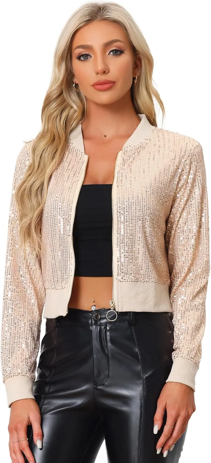 Allegra K Women Sequin Jackets 2025 Party Club Sparkly Cropped Bomber Jacket Disco Outfit