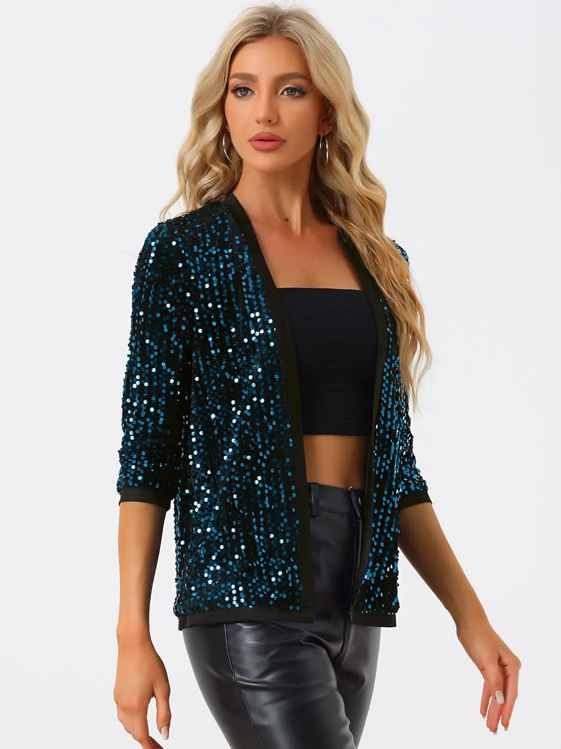 Allegra K Women's Sequin Cardigan 3/4 Sleeve Open Front Sequin Jackets Velvet Party Cocktail Shrug