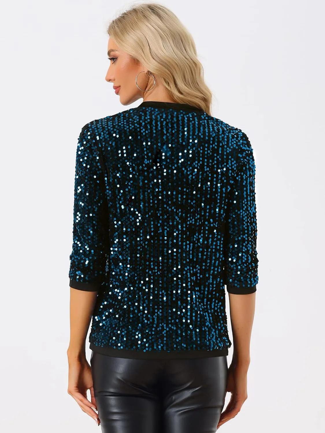 Allegra K Women's Sequin Cardigan 3/4 Sleeve Open Front Sequin Jackets Velvet Party Cocktail Shrug