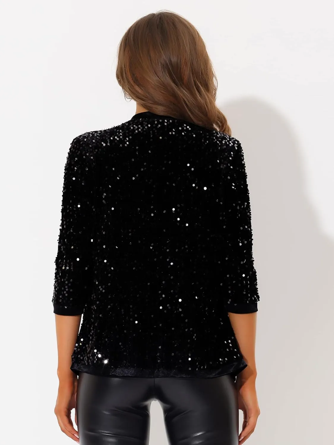 Allegra K Women's Sequin Cardigan 3/4 Sleeve Open Front Sequin Jackets Velvet Party Cocktail Shrug