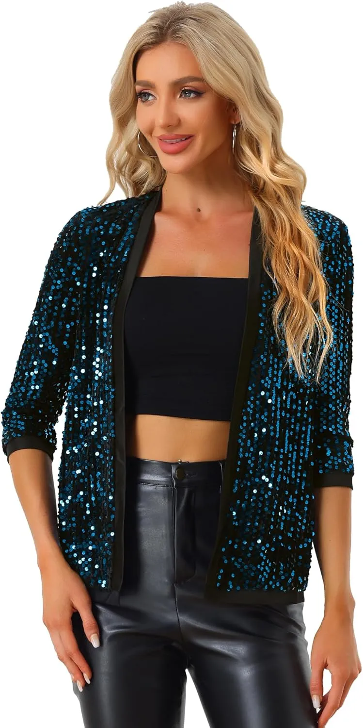 Allegra K Women's Sequin Cardigan 3/4 Sleeve Open Front Sequin Jackets Velvet Party Cocktail Shrug
