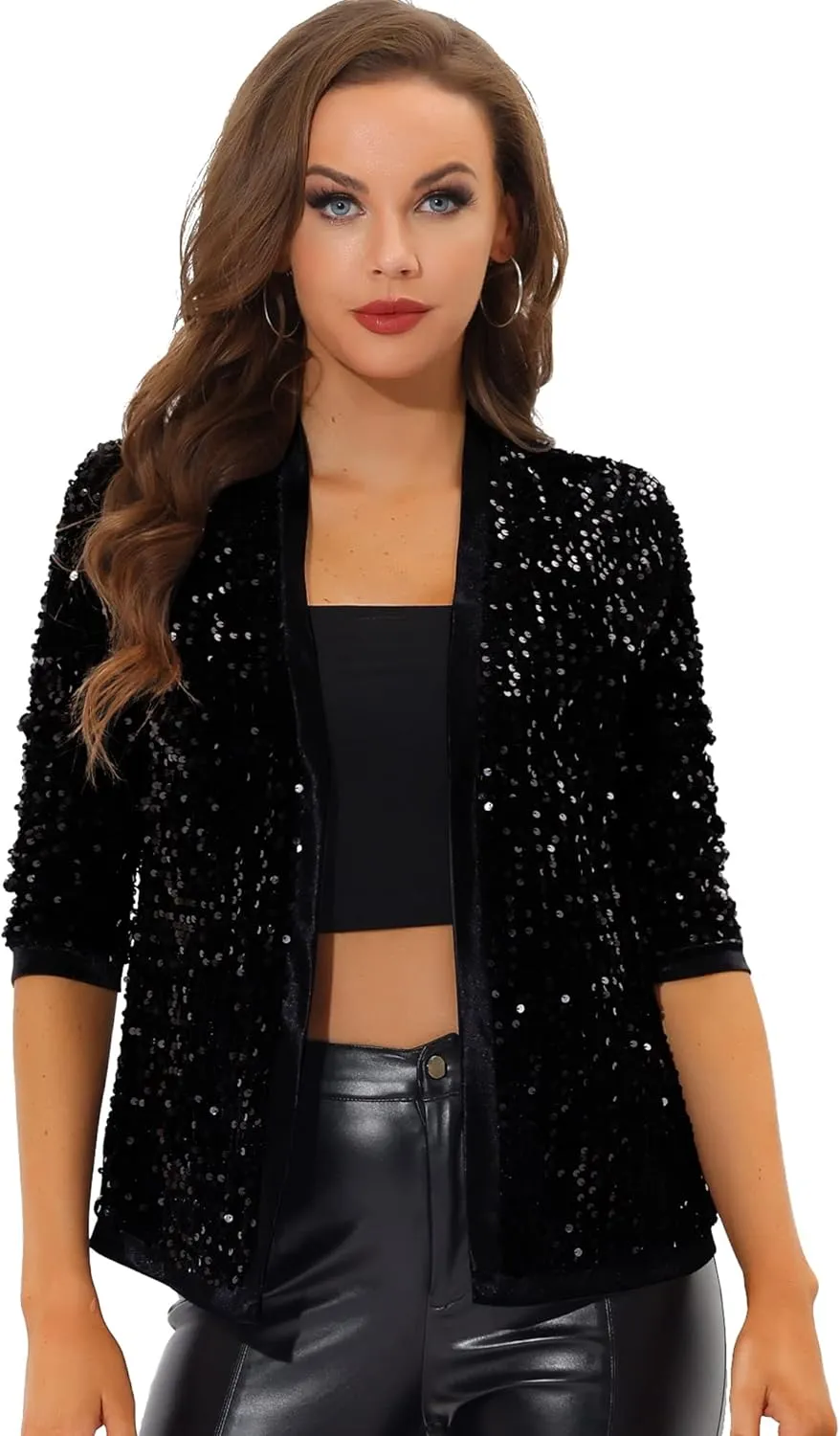 Allegra K Women's Sequin Cardigan 3/4 Sleeve Open Front Sequin Jackets Velvet Party Cocktail Shrug
