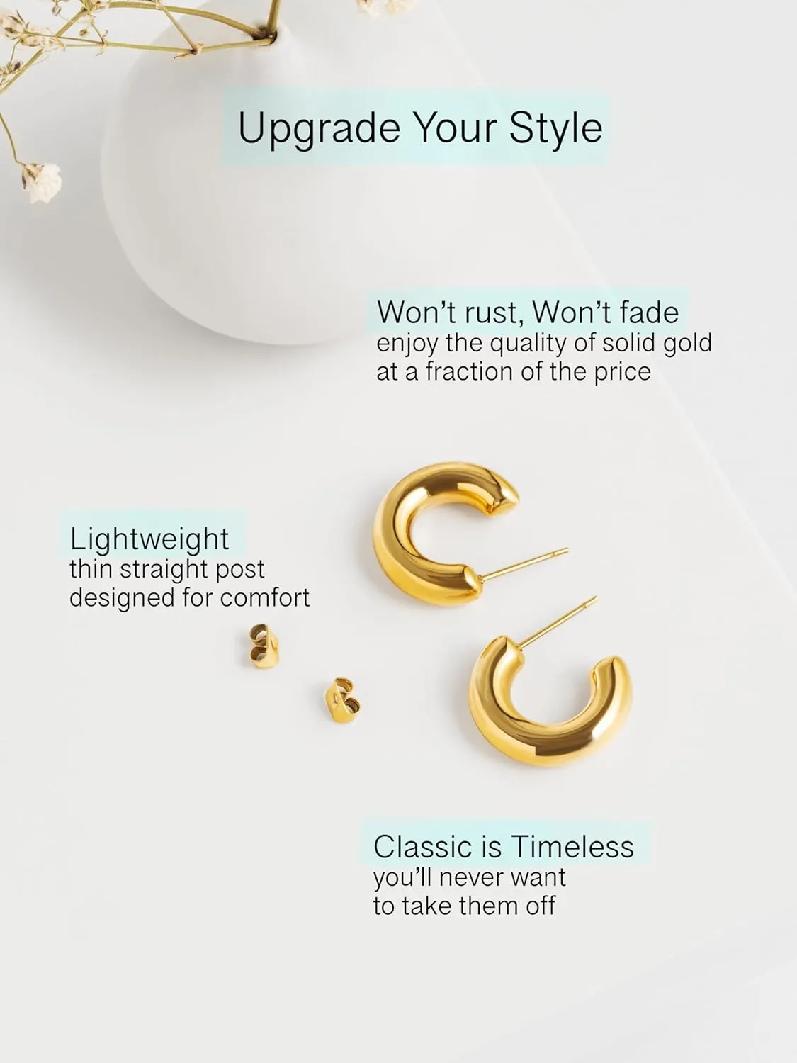 Altitude Boutique Small Chunky Gold or Silver Hoops | Thick Round Tube Earrings | Hollow, Lightweight, Hypoallergenic Hoop Earrings For Women