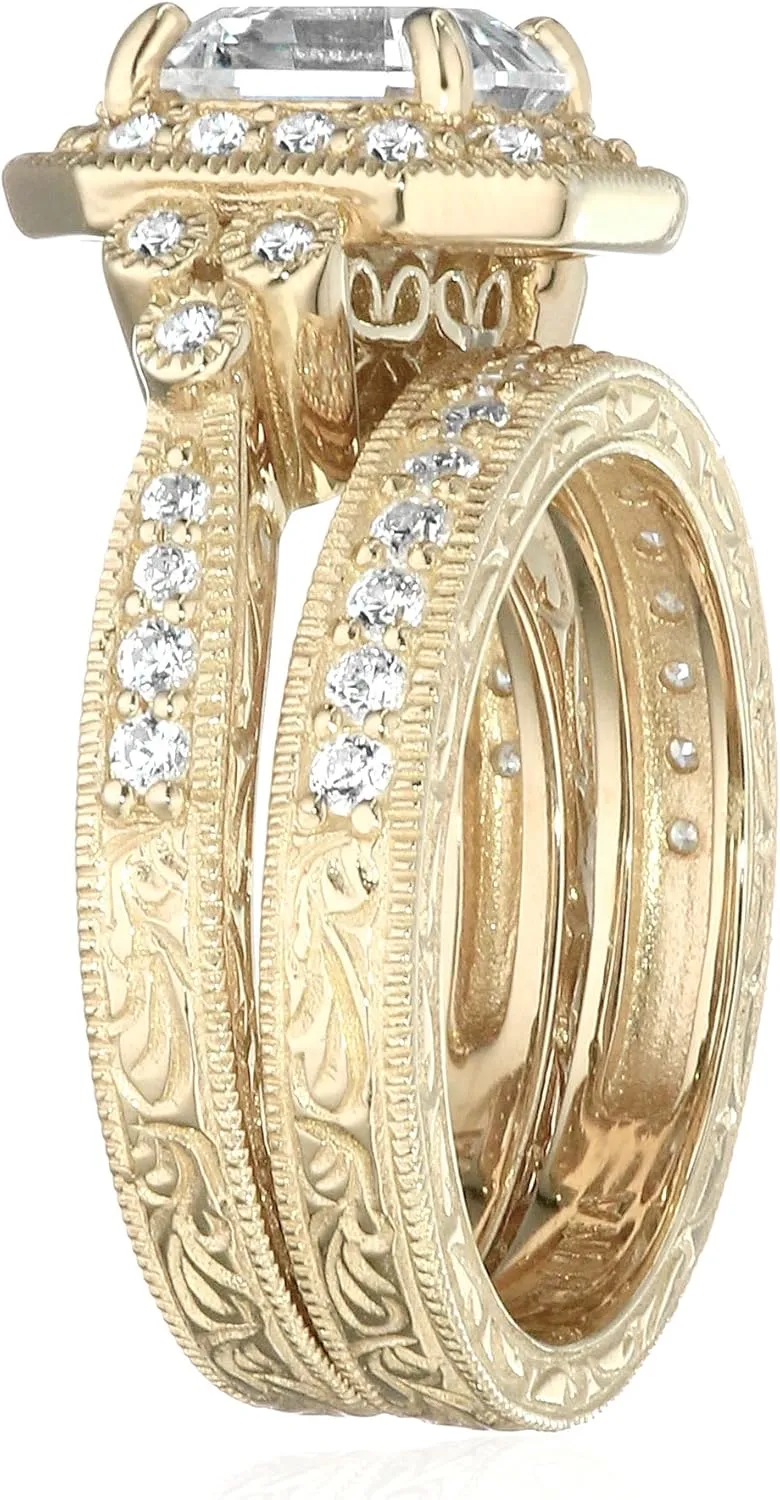 Amazon Essentials Platinum or Gold Plated Sterling Silver Antique Ring set with Asscher-Cut Infinite Elements Cubic Zirconia (previously Amazon Collection)