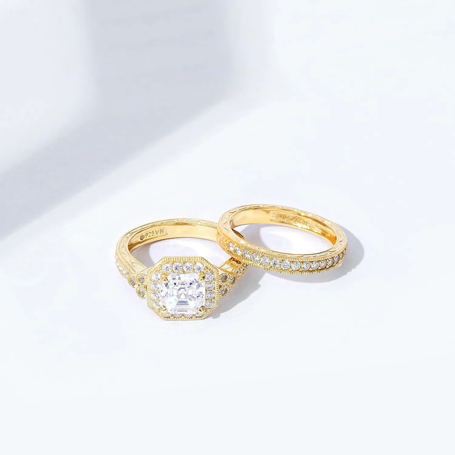 Amazon Essentials Platinum or Gold Plated Sterling Silver Antique Ring set with Asscher-Cut Infinite Elements Cubic Zirconia (previously Amazon Collection)