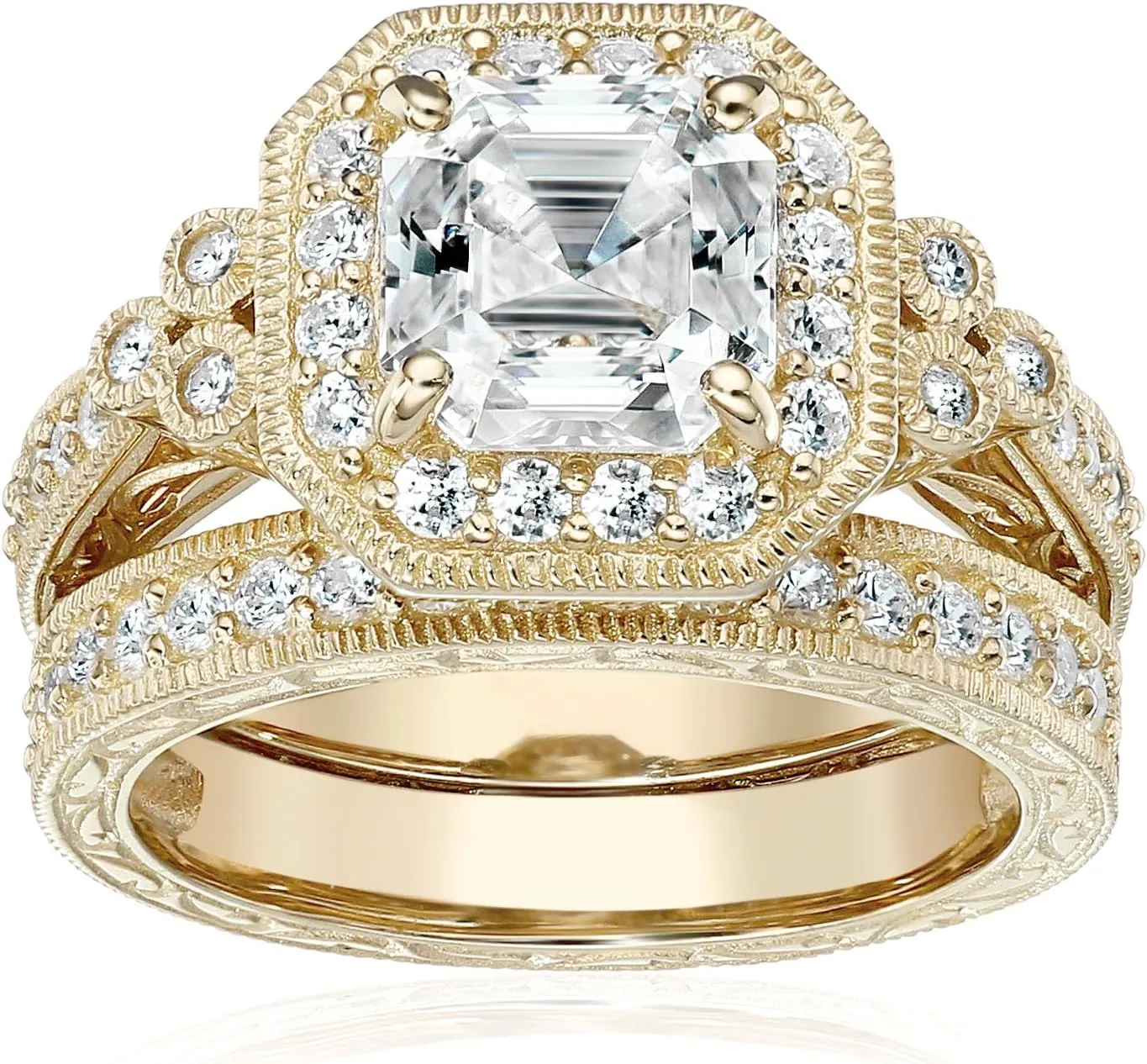 Amazon Essentials Platinum or Gold Plated Sterling Silver Antique Ring set with Asscher-Cut Infinite Elements Cubic Zirconia (previously Amazon Collection)