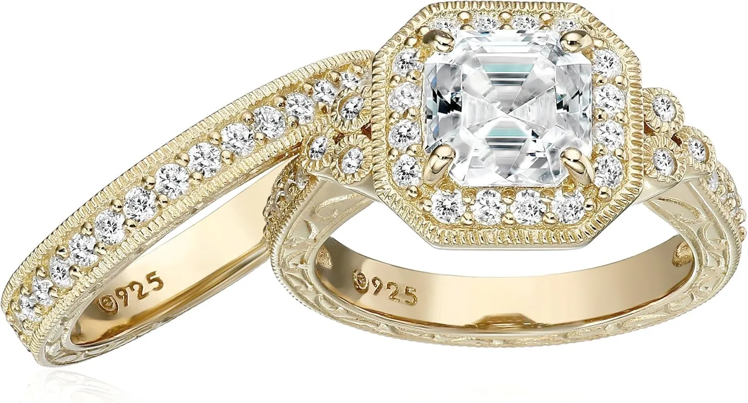 Amazon Essentials Platinum or Gold Plated Sterling Silver Infinite Elements Zirconia Antique Ring Set , (previously Amazon Collection)