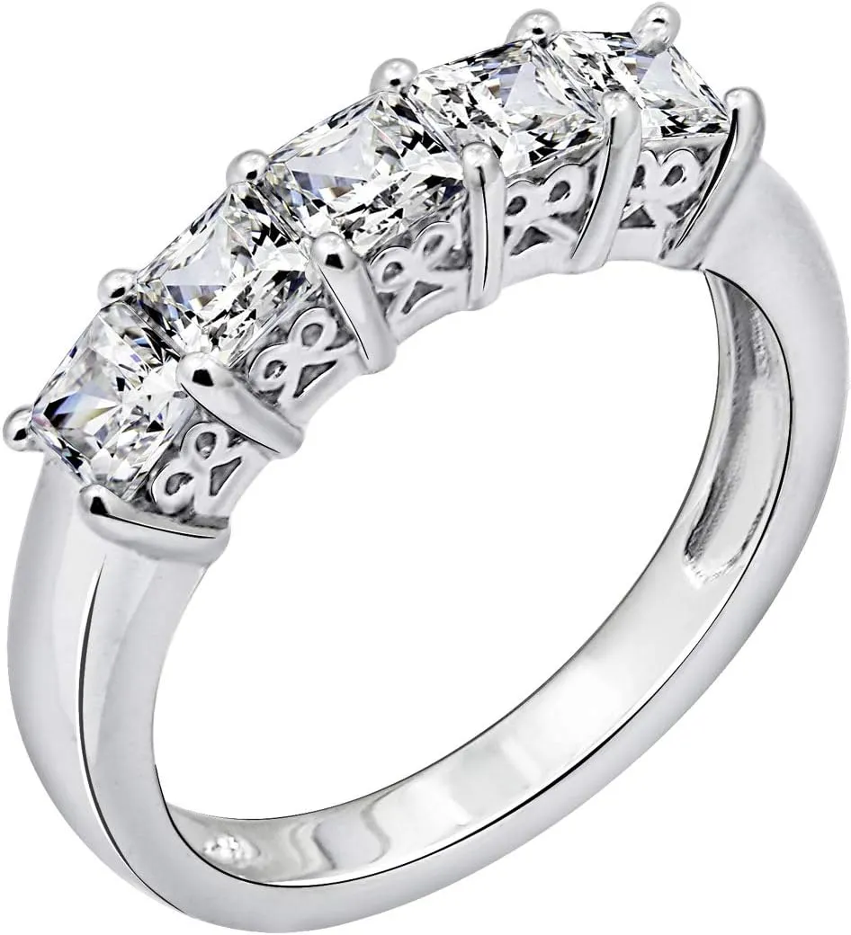 Amazon Essentials Platinum or Gold Plated Sterling Silver Princess-Cut 5-Stone Ring made with Infinite Elements Zirconia, (previously Amazon Collection)