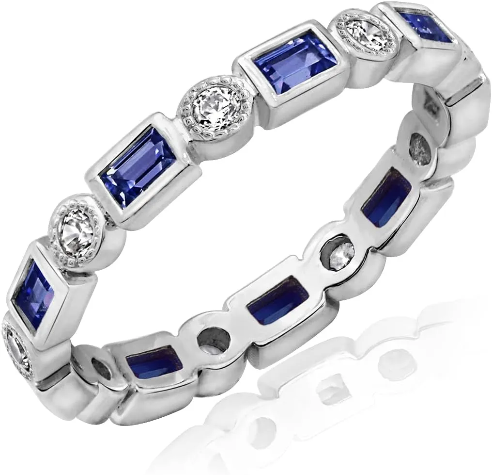 Amazon Essentials Platinum-Plated Sterling Silver Created Gem Eternity Band Ring set with Infinite Elements Cubic Zirconia Accents (previously Amazon Collection)