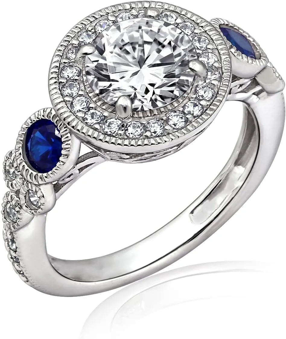 Amazon Essentials Platinum-Plated Sterling Silver Infinite Elements Cubic Zirconia Antique Round-Cut and Created Sapphire Ring, (previously Amazon Collection)